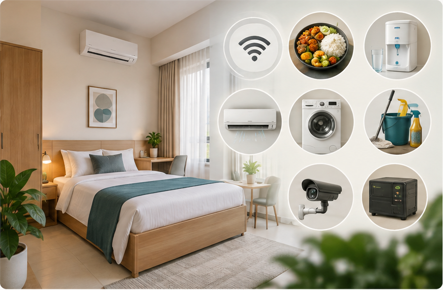 Illustrative facilities overview: furnished room, AC, Wi-Fi, vegetarian meals, RO water, housekeeping, CCTV, washing-machine access and essential power backup.
