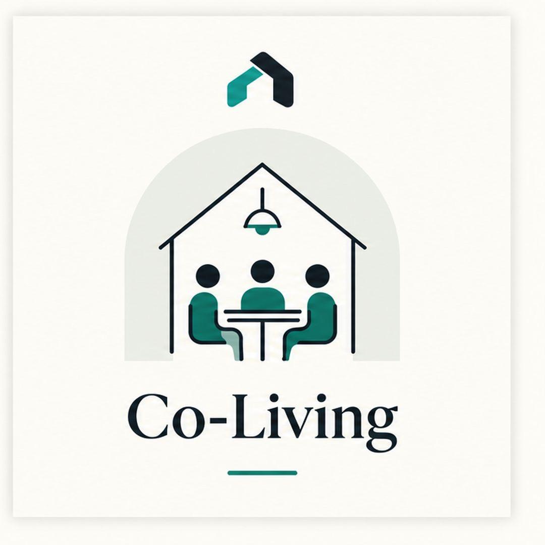 GableStay Co-Living in Noida — people sharing a table beneath a house outline.